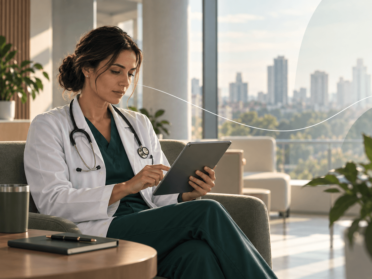 Médica revisando sua produção profissional em um tablet após o plantão